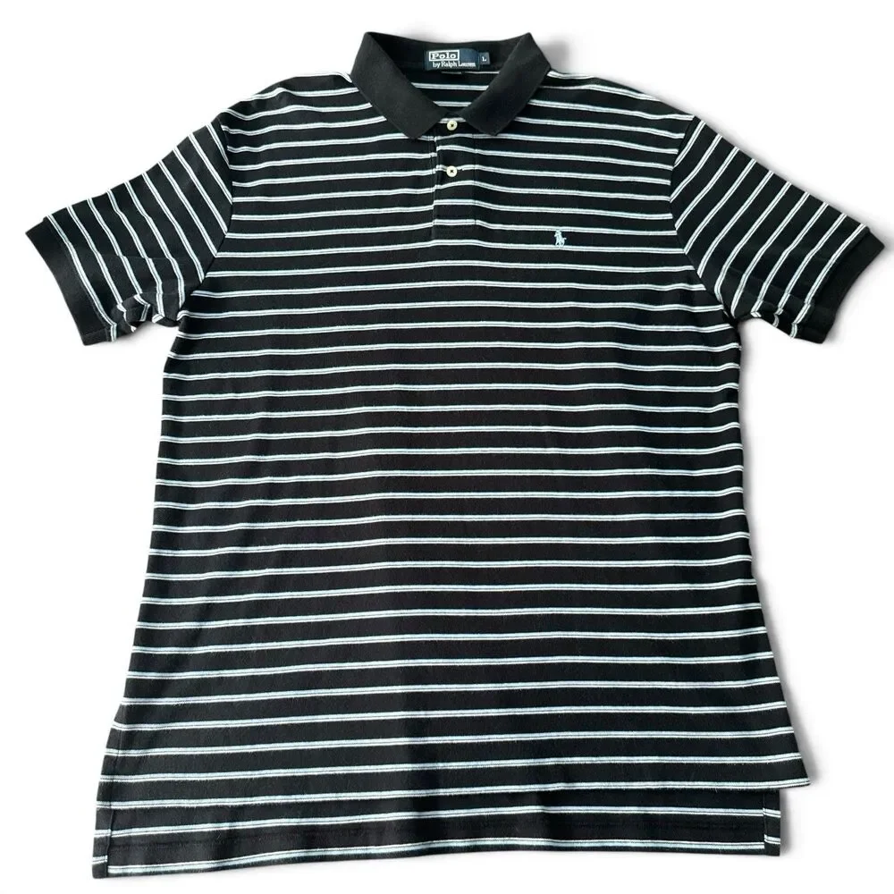 VTG Ralph Lauren Polo Men L Blue Striped Black Trim Soft Cotton Pony Golf Shirt